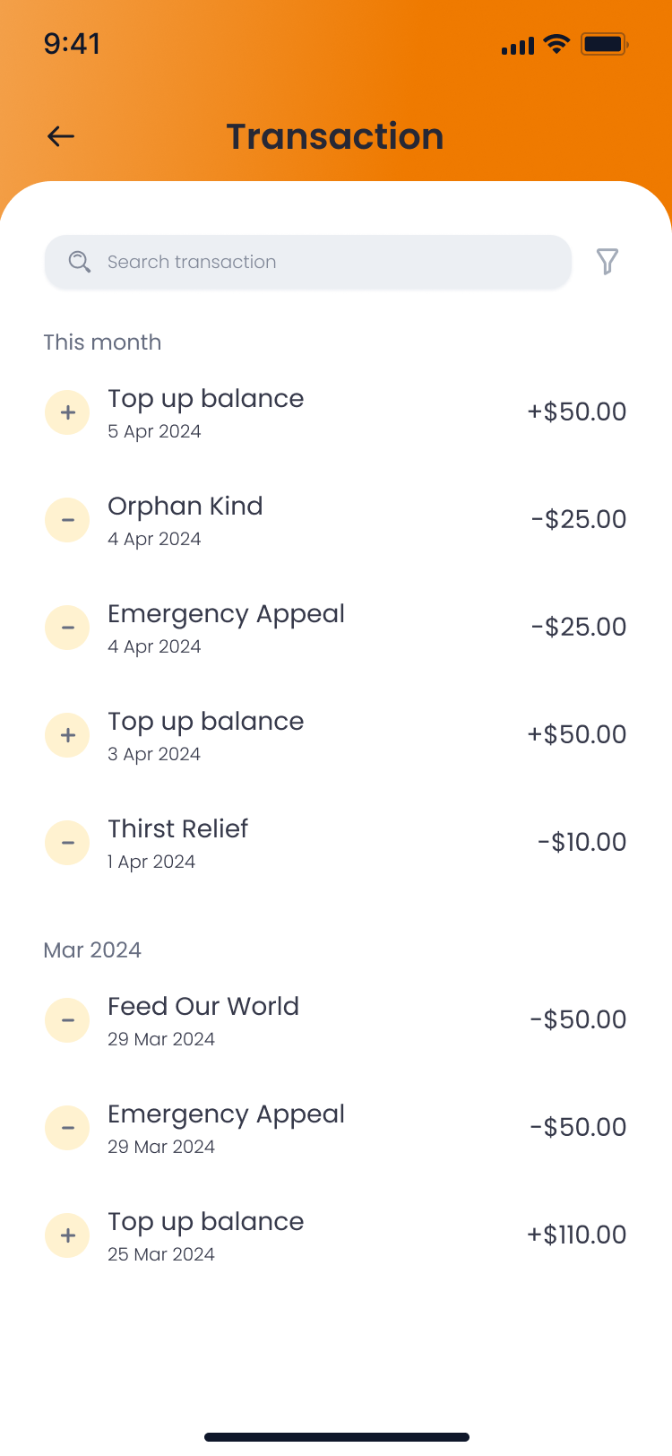 Donation balance and transaction history screen