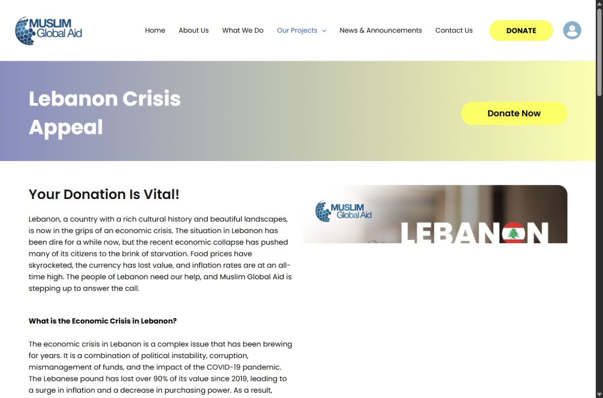 Desktop screenshot of Muslim Global Aid's Lebanon Crisis Appeal page