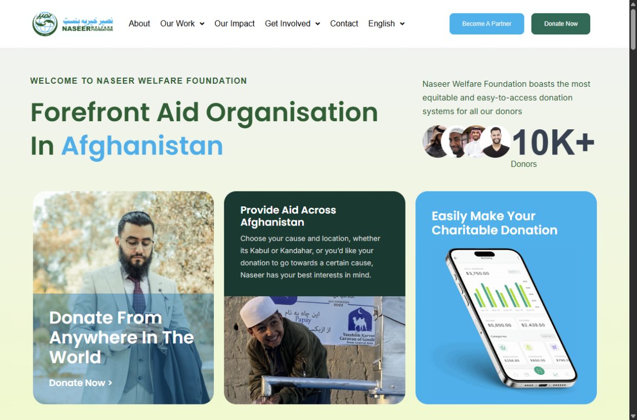Desktop screenshot of the Naseer Welfare Foundation homepage